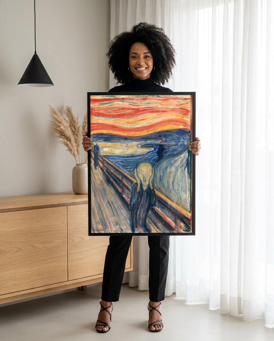 Quadro Decorativo O Grito - Edvard Munch | modelo apresentando o quadro emoldurado