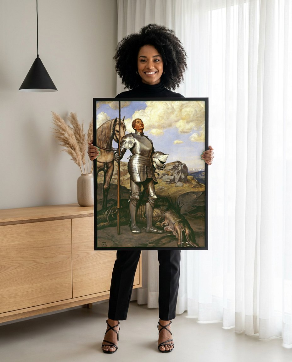 Quadro Decorativo São Jorge e o Dragão - Hans Thoma | modelo apresentando o quadro emoldurado