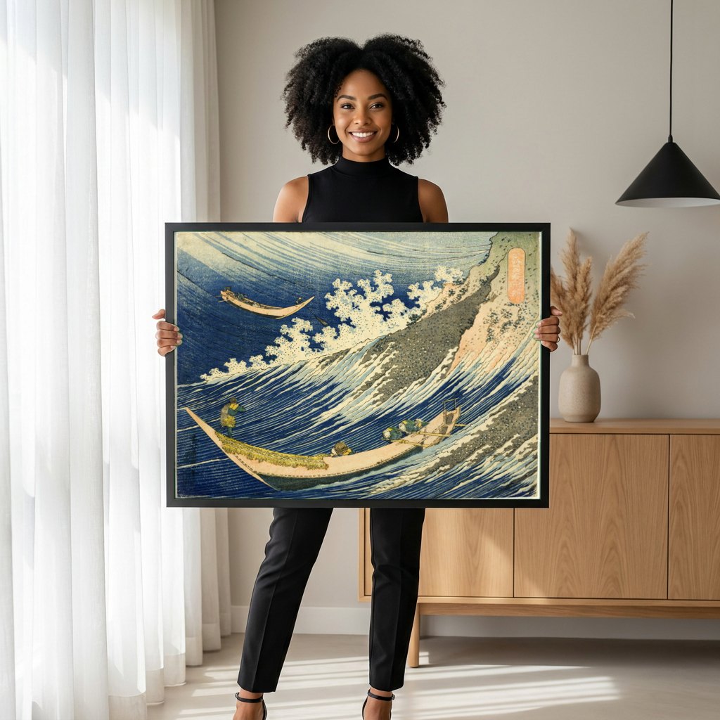 Quadro Decorativo O Mar Agitado em Choshi - Katsushika Hokusai | modelo apresentando o quadro emoldurado
