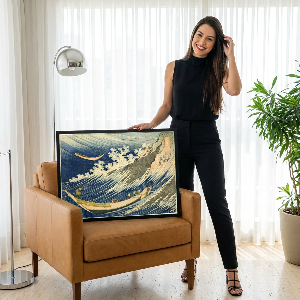 Quadro Decorativo O Mar Agitado em Choshi - Katsushika Hokusai | modelo apresentando o quadro emoldurado