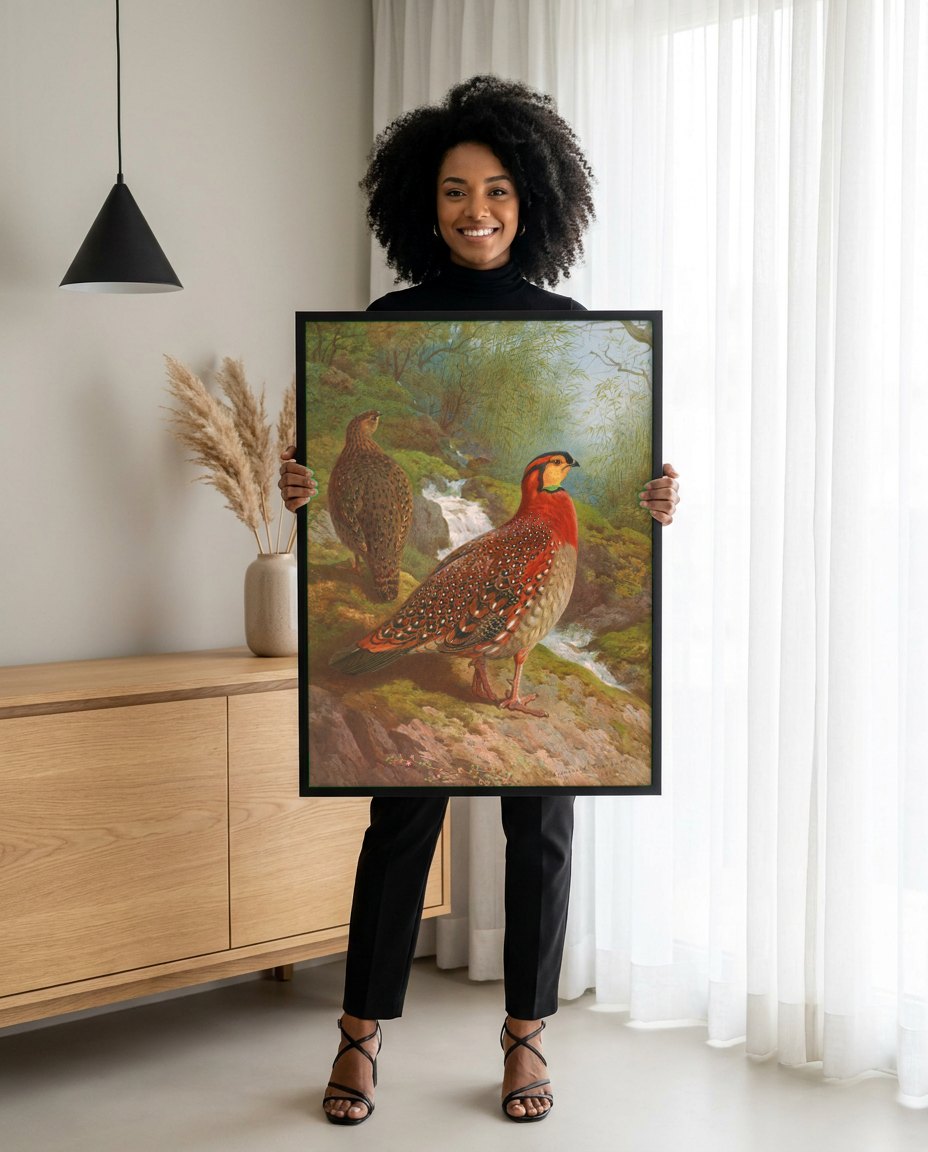 Quadro Decorativo Aves Exóticas em Riacho - Archibald Thorburn | modelo apresentando o quadro emoldurado