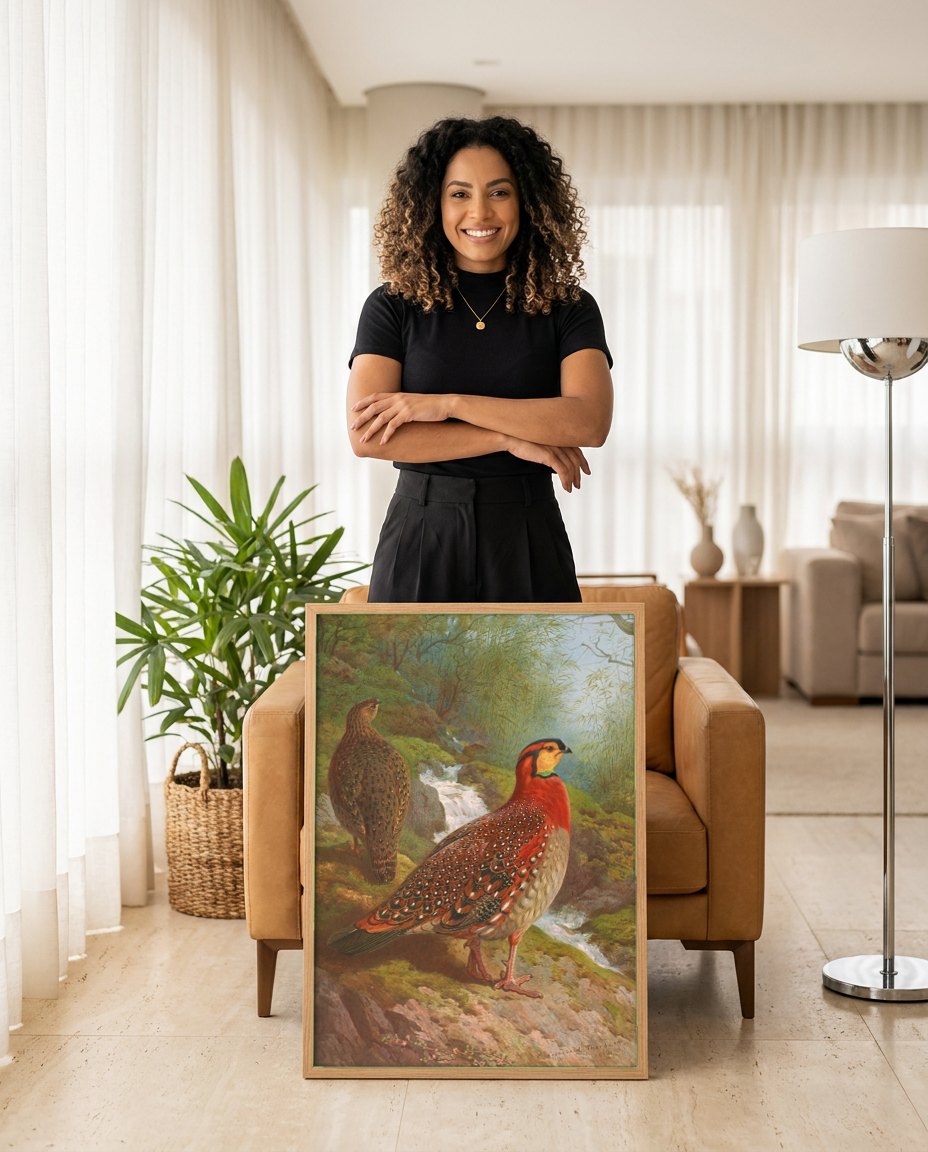 Quadro Decorativo Aves Exóticas em Riacho - Archibald Thorburn | modelo apresentando o quadro emoldurado