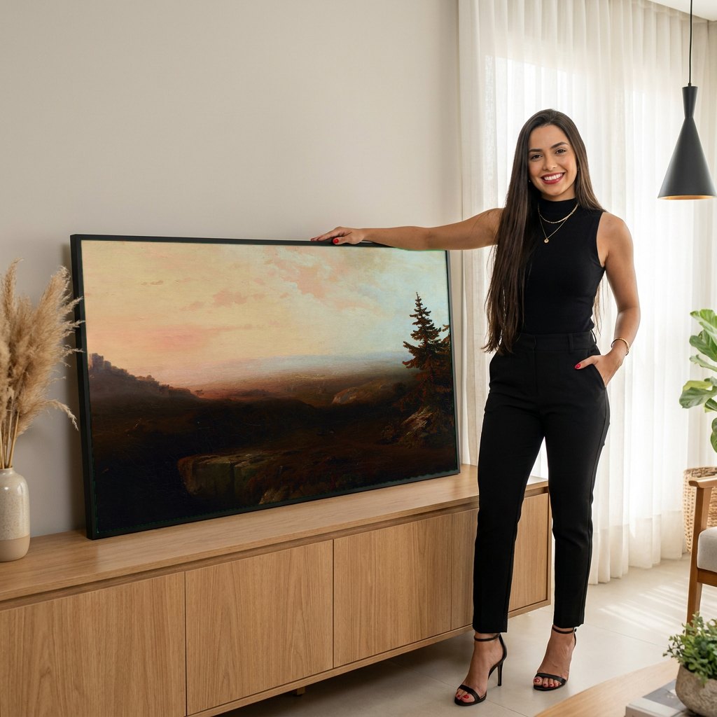 Quadro Decorativo Paisagem com Ruínas - Thomas Moran | modelo apresentando o quadro emoldurado
