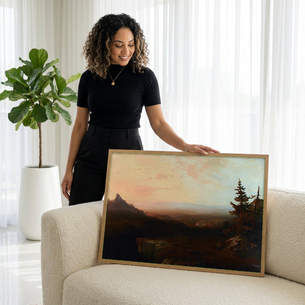 Quadro Decorativo Paisagem com Ruínas - Thomas Moran | modelo apresentando o quadro emoldurado
