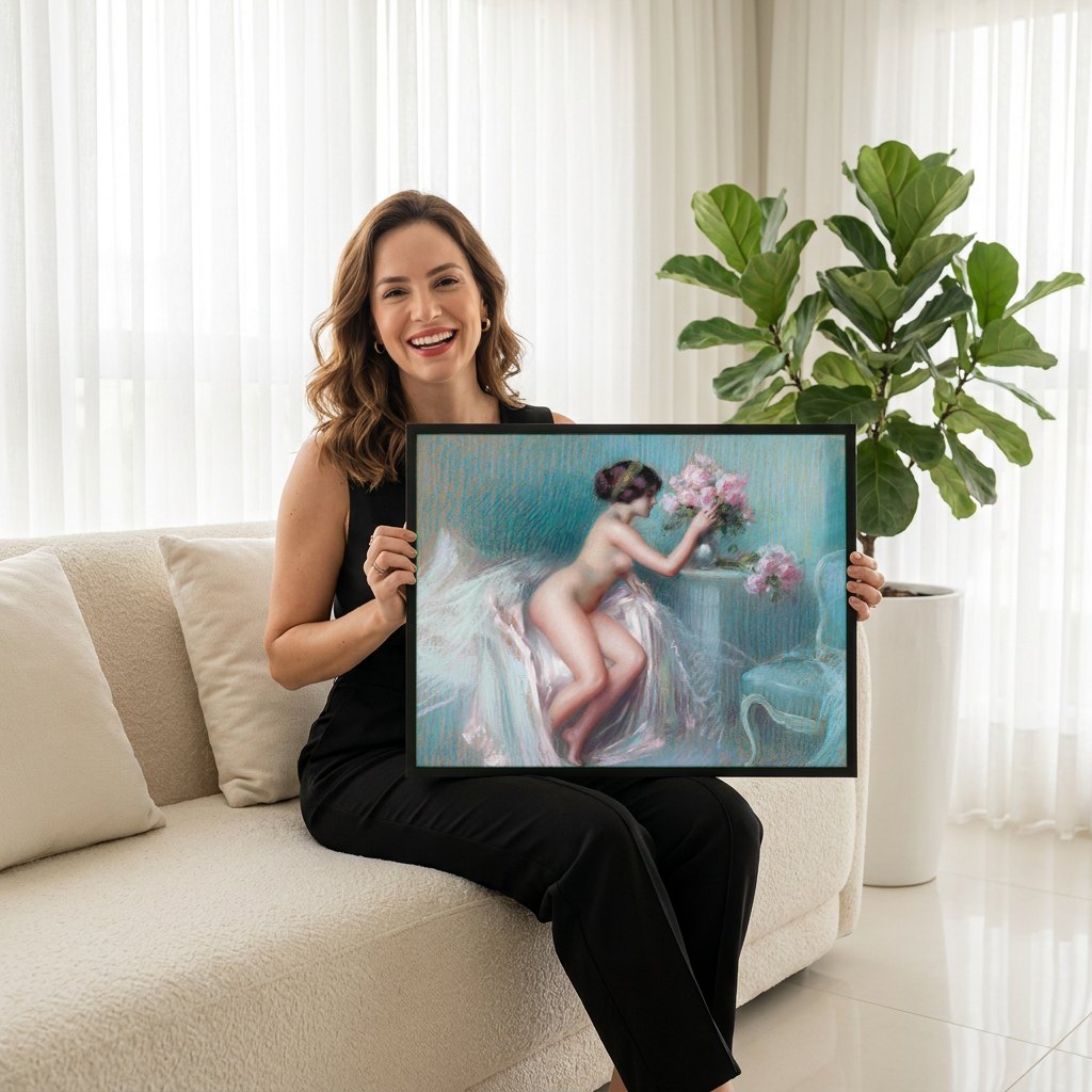 Quadro Decorativo A Dama das Rosas - Delphin Enjolras | modelo apresentando o quadro emoldurado