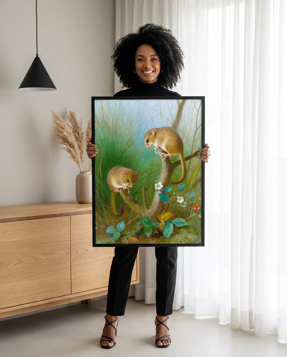 Quadro Decorativo Dormice na Floresta - Thorburn | modelo apresentando o quadro emoldurado