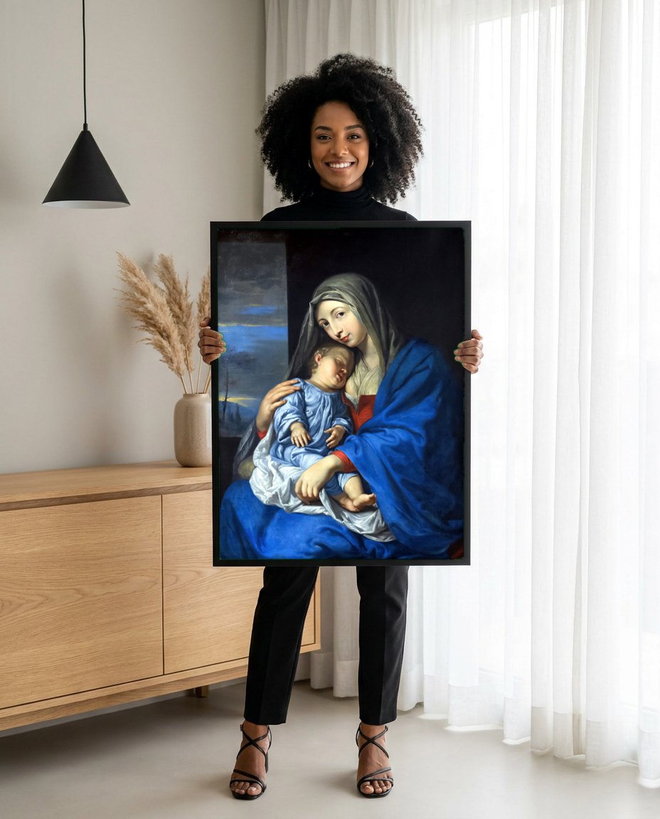 Quadro Decorativo A Virgem e o Menino - Philippe de Champaigne | modelo apresentando o quadro emoldurado