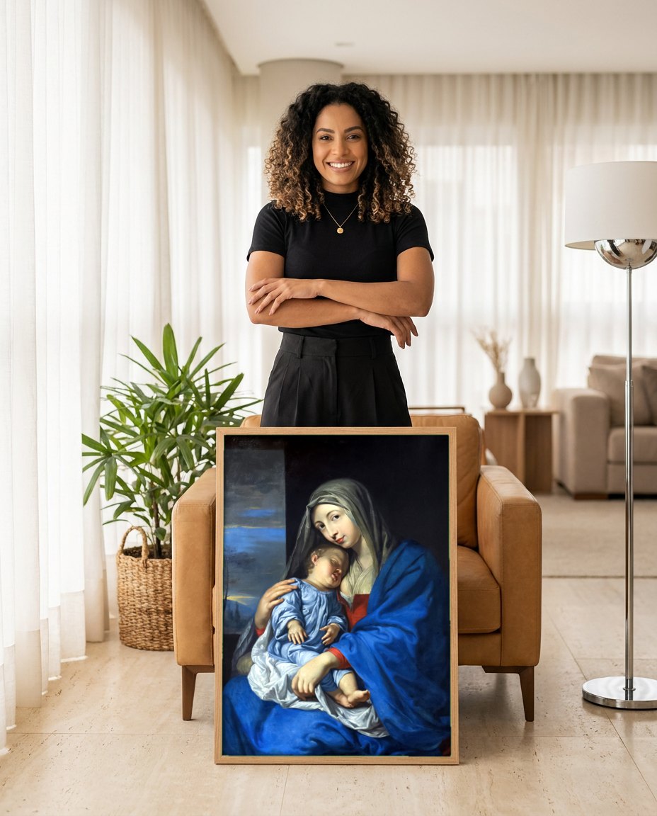 Quadro Decorativo A Virgem e o Menino - Philippe de Champaigne | modelo apresentando o quadro emoldurado