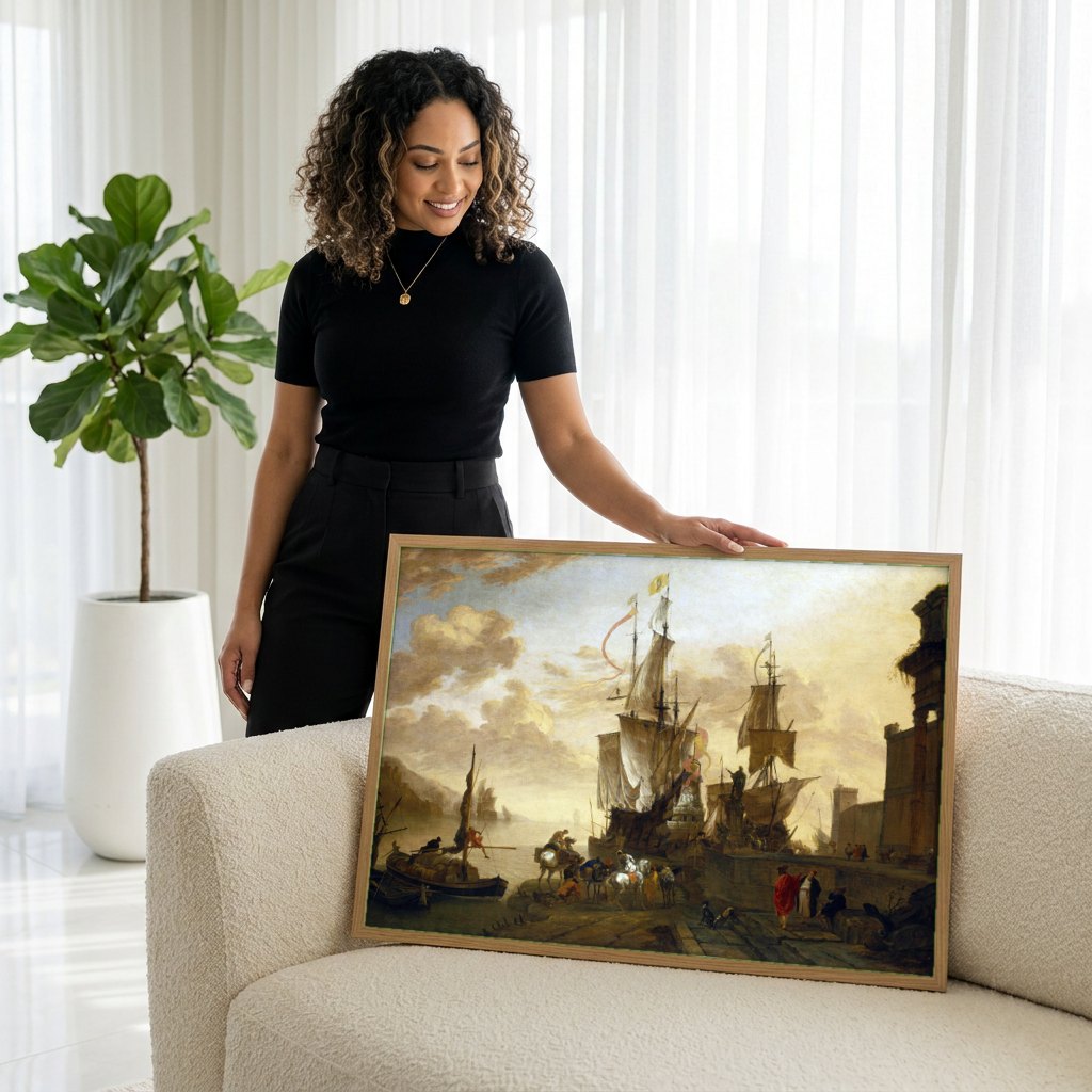 Quadro Decorativo Porto com Navios - Abraham Storck | modelo apresentando o quadro emoldurado