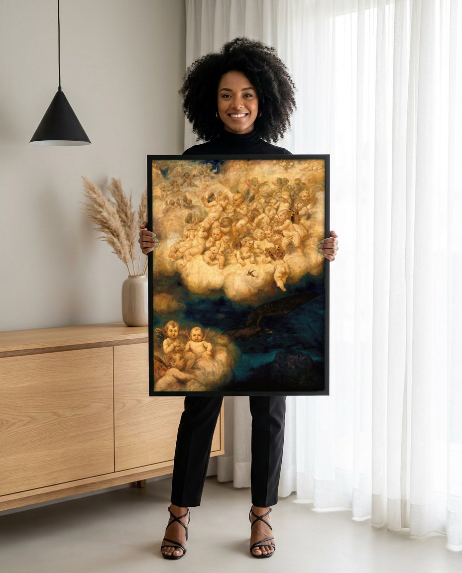 Quadro Decorativo Anjos e Nuvens - Hans Thoma | modelo apresentando o quadro emoldurado
