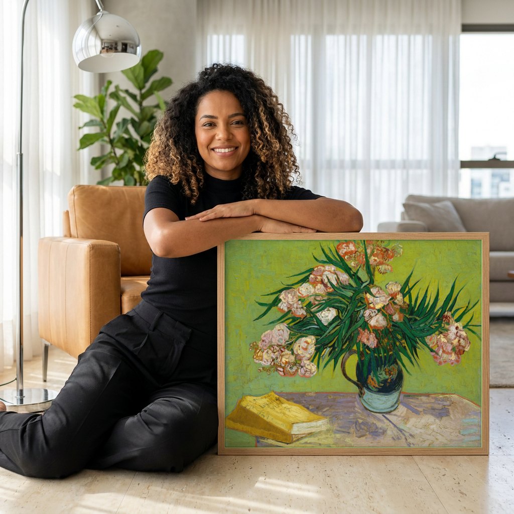 Quadro Decorativo 'Oleandros' - Van Gogh | modelo apresentando o quadro emoldurado