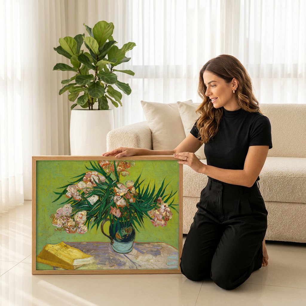 Quadro Decorativo 'Oleandros' - Van Gogh | modelo apresentando o quadro emoldurado