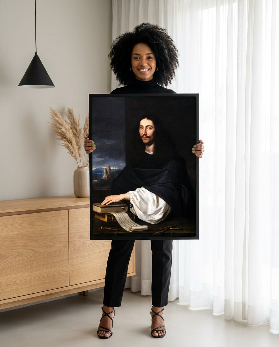 Quadro Decorativo Retrato de um Homem - Philippe de Champaigne | modelo apresentando o quadro emoldurado