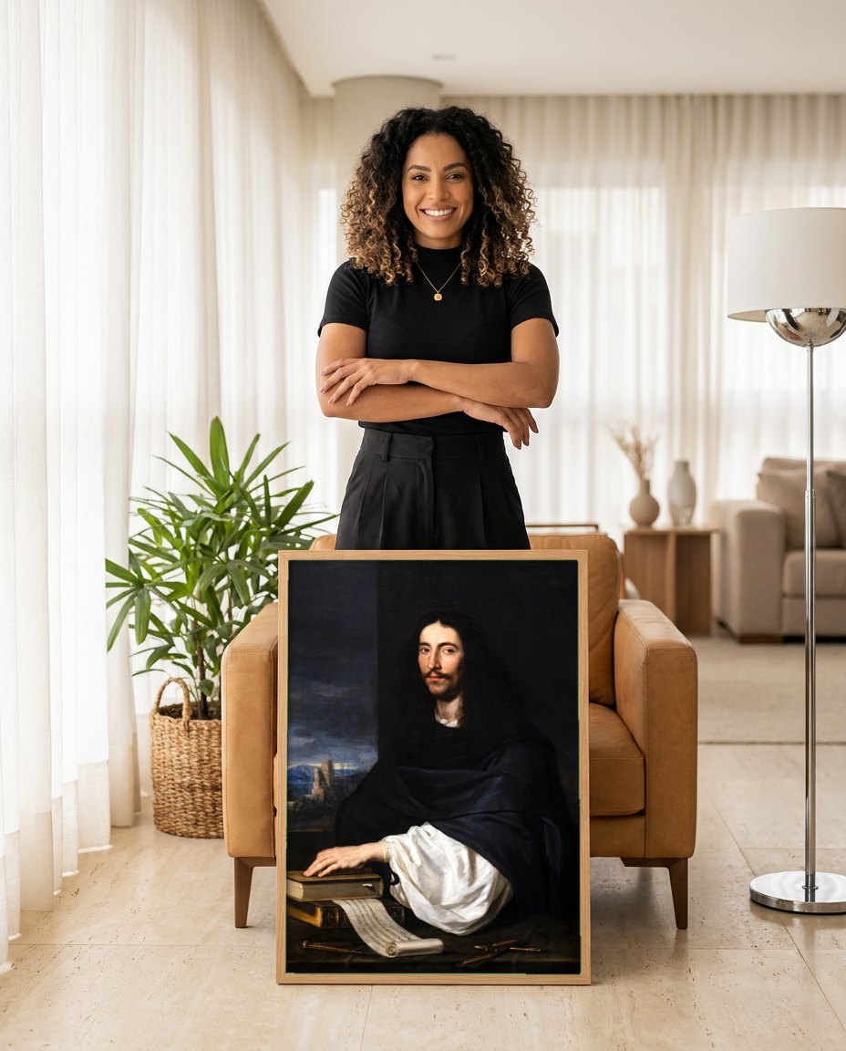 Quadro Decorativo Retrato de um Homem - Philippe de Champaigne | modelo apresentando o quadro emoldurado