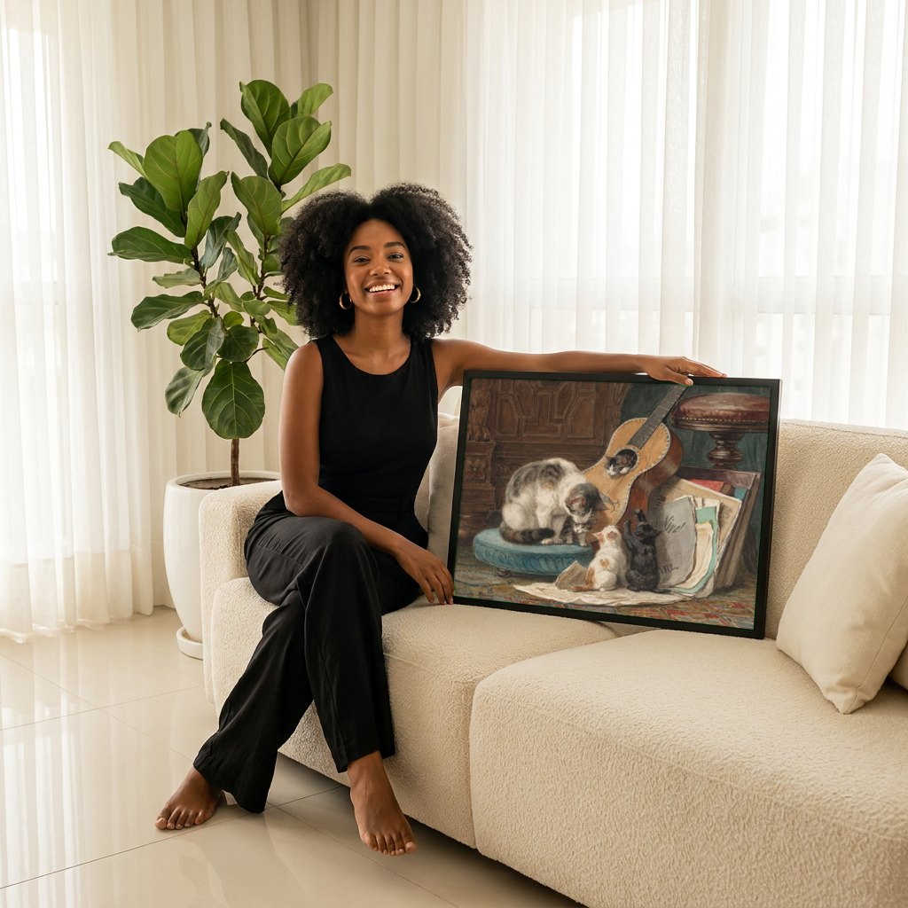 Quadro Decorativo Gatinhos Brincalhões - Henriëtte Ronner-Knip | modelo apresentando o quadro emoldurado