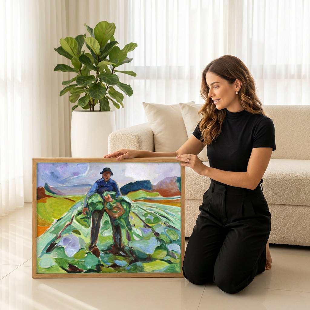Quadro Decorativo Colheita - Edvard Munch | modelo apresentando o quadro emoldurado