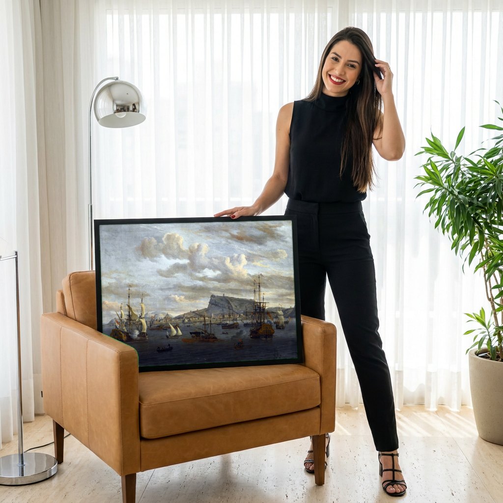 Quadro Decorativo Porto com Navios - Abraham Storck | modelo apresentando o quadro emoldurado