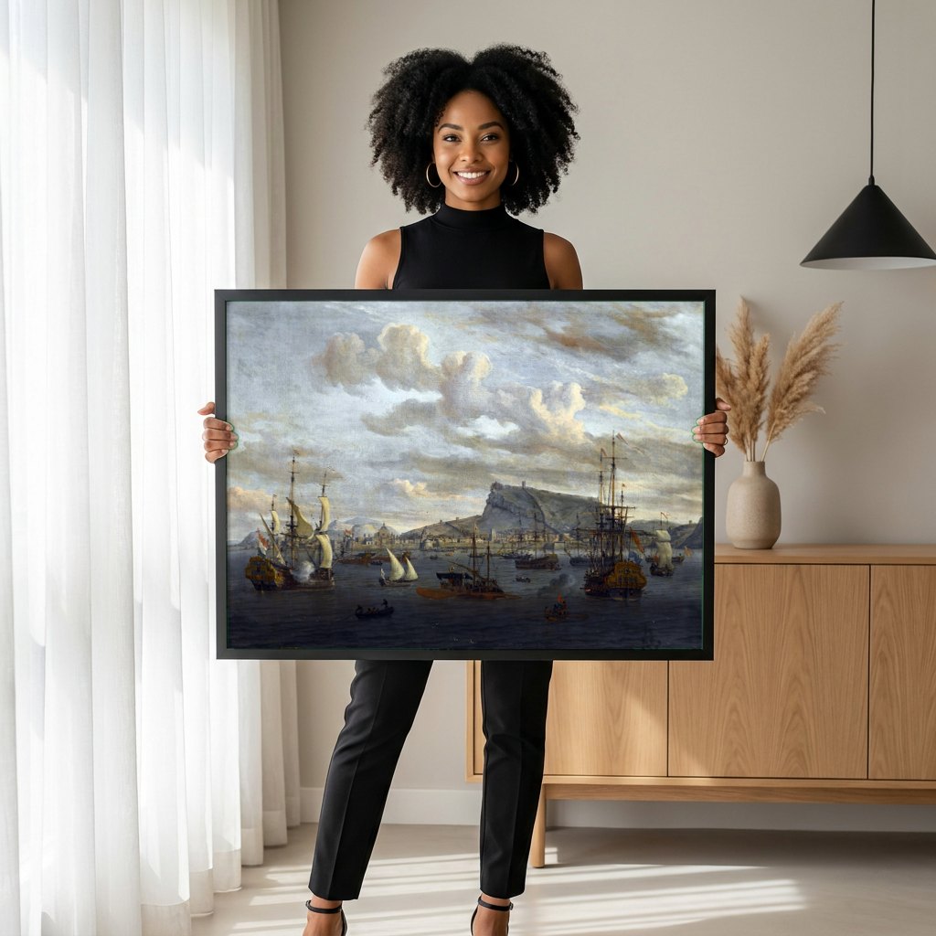 Quadro Decorativo Porto com Navios - Abraham Storck | modelo apresentando o quadro emoldurado