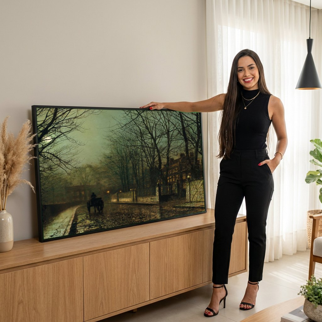 Quadro Decorativo 'Chiswick, Outono' - Grimshaw | modelo apresentando o quadro emoldurado