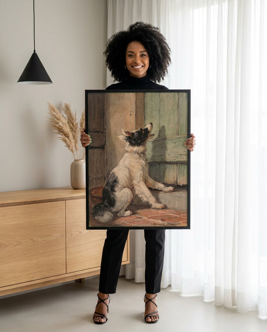 Quadro Decorativo Cão Latindo na Porta - Henriëtte Ronner-Knip | modelo apresentando o quadro emoldurado