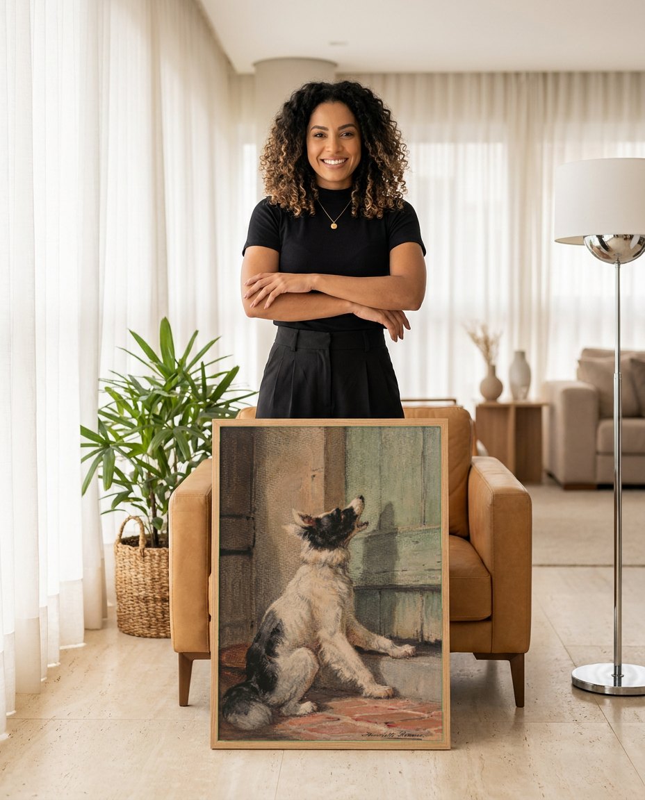 Quadro Decorativo Cão Latindo na Porta - Henriëtte Ronner-Knip | modelo apresentando o quadro emoldurado