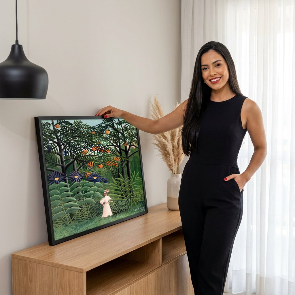 Quadro Decorativo A Mulher no Laranjal - Henri Rousseau | modelo apresentando o quadro emoldurado