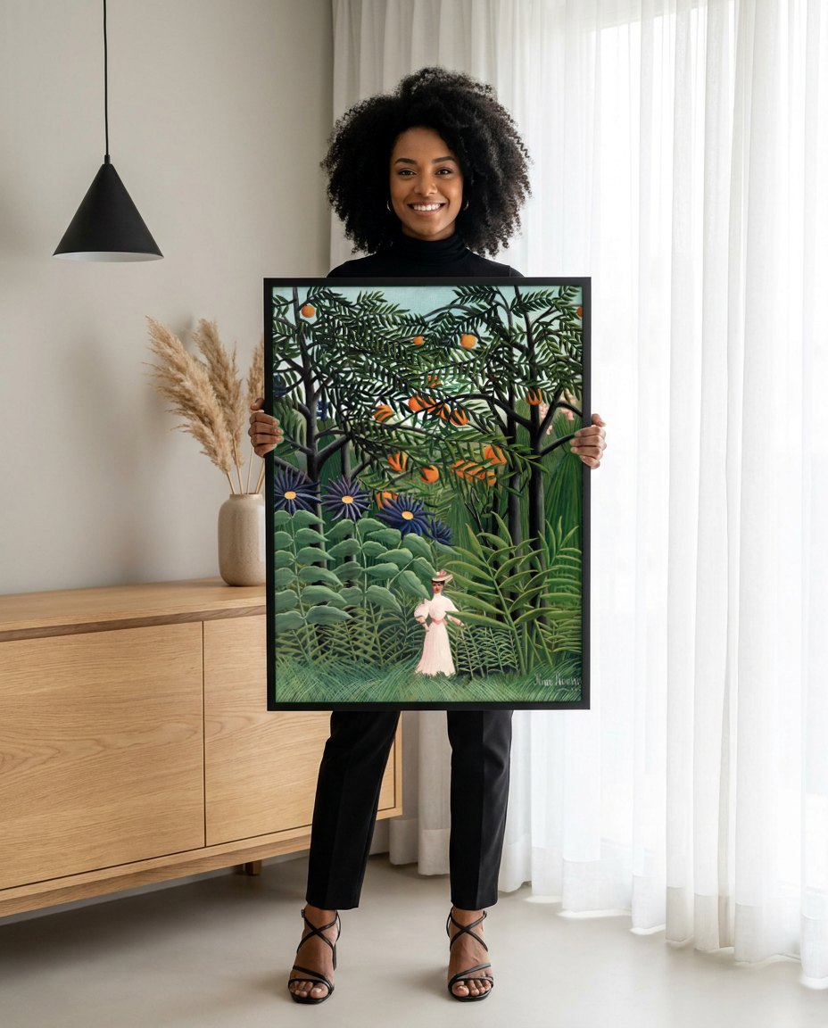 Quadro Decorativo A Mulher no Laranjal - Henri Rousseau | modelo apresentando o quadro emoldurado