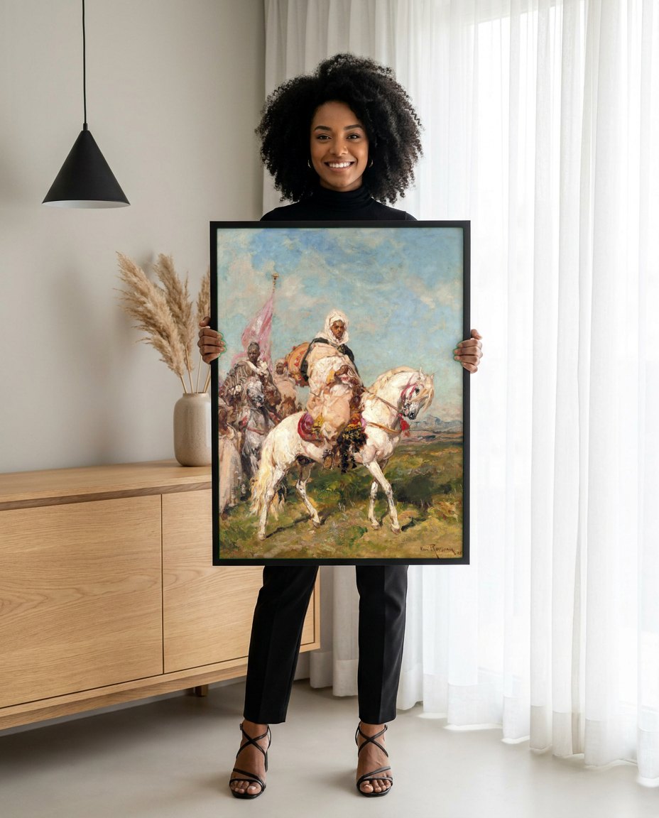 Quadro Decorativo A Cavalgada Oriental - Henri Rousseau | modelo apresentando o quadro emoldurado