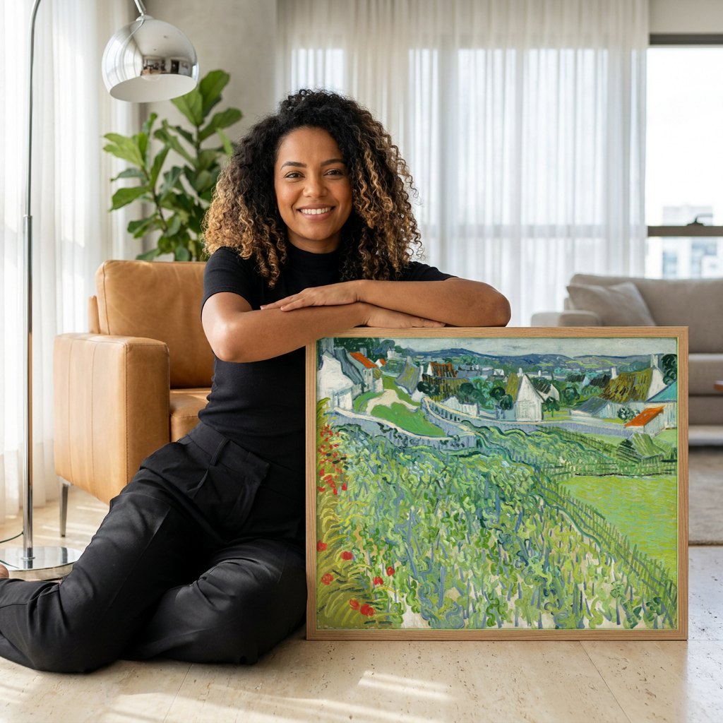 Quadro Decorativo A Vinha Verde - Van Gogh | modelo apresentando o quadro emoldurado