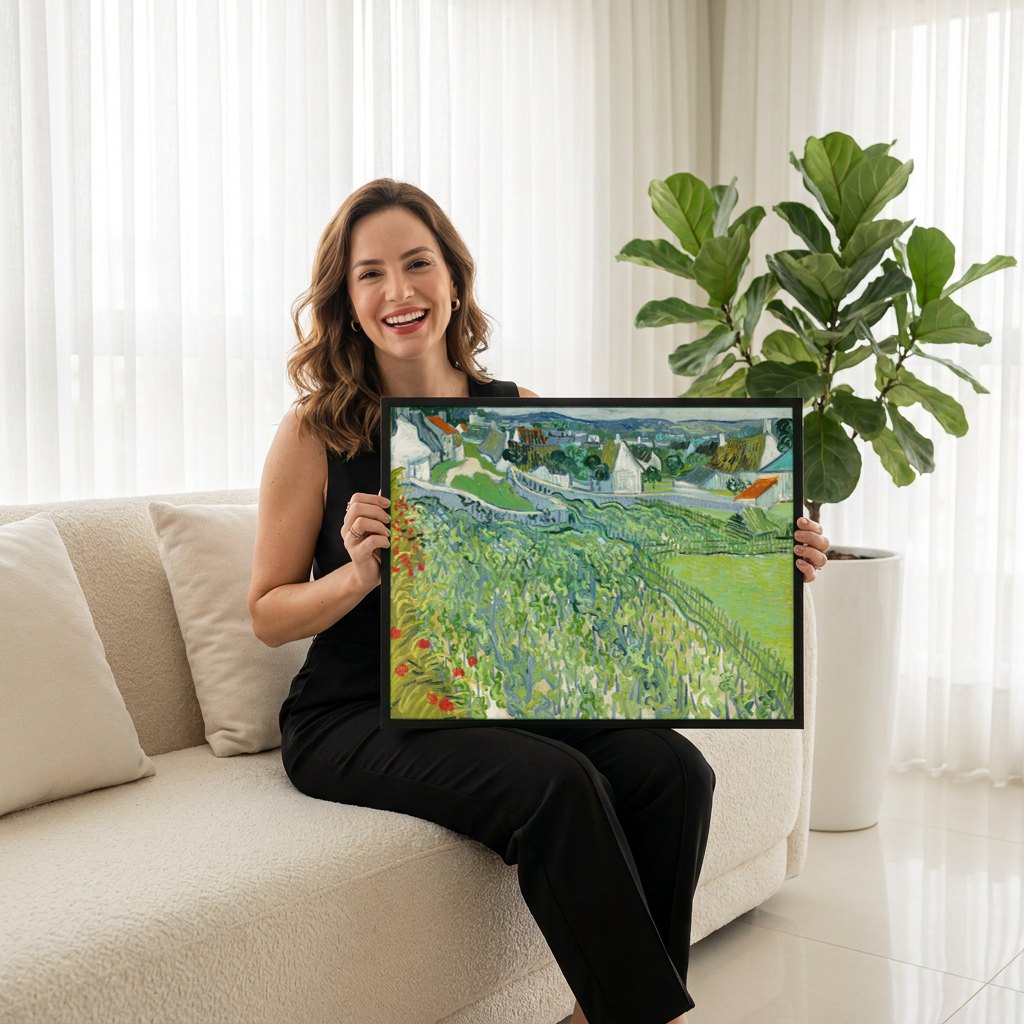 Quadro Decorativo A Vinha Verde - Van Gogh | modelo apresentando o quadro emoldurado
