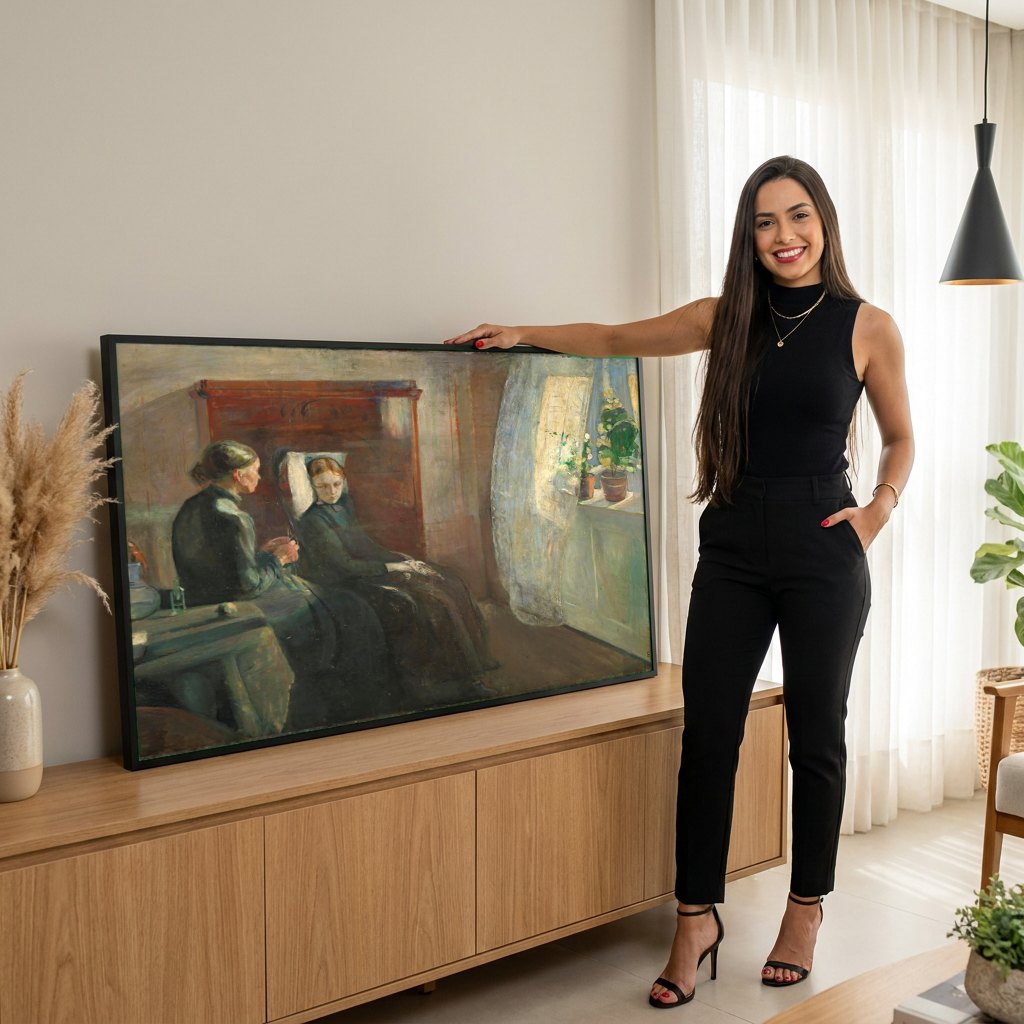 Quadro Decorativo A Doente - Edvard Munch | modelo apresentando o quadro emoldurado