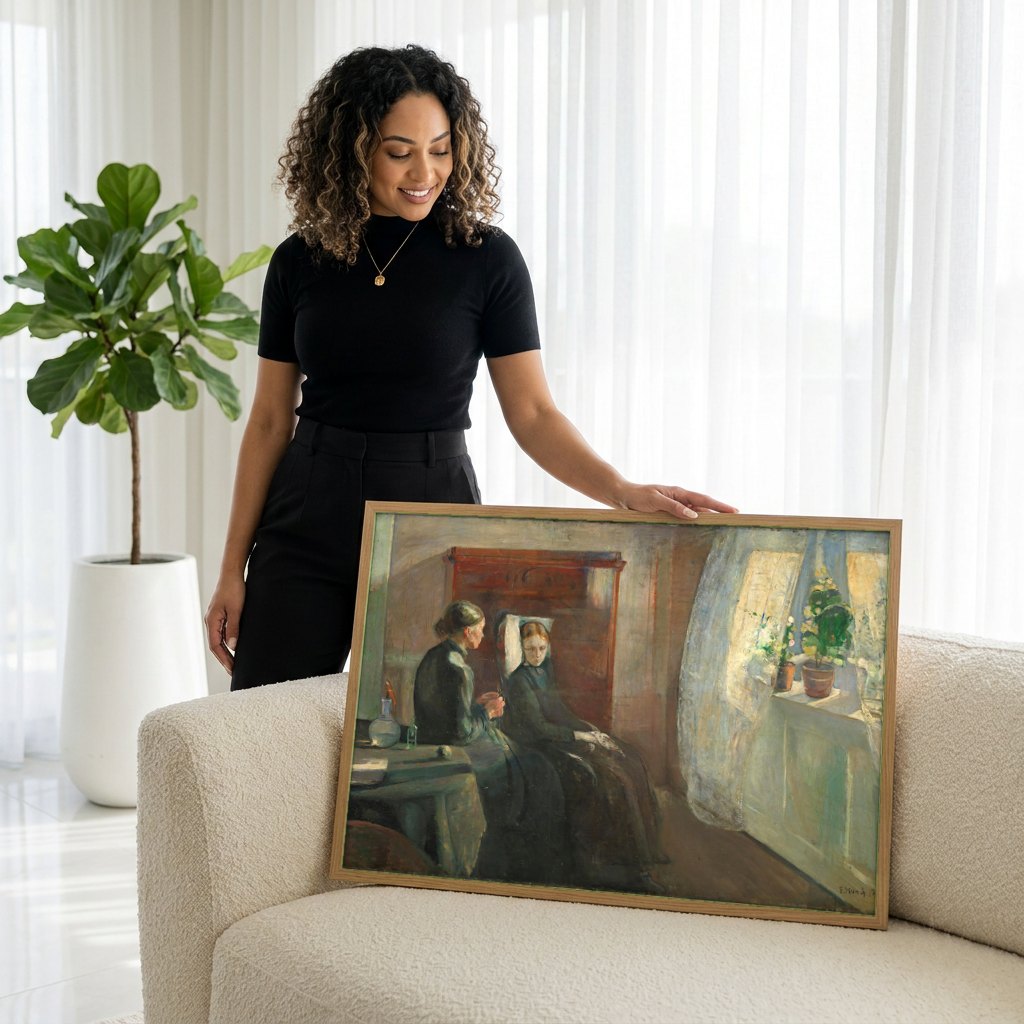 Quadro Decorativo A Doente - Edvard Munch | modelo apresentando o quadro emoldurado