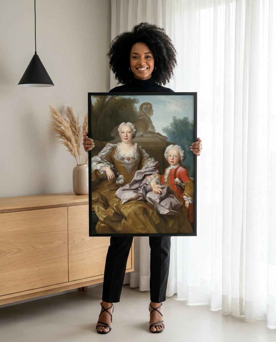Quadro Decorativo Retrato de Dama e Filho - Largillière | modelo apresentando o quadro emoldurado