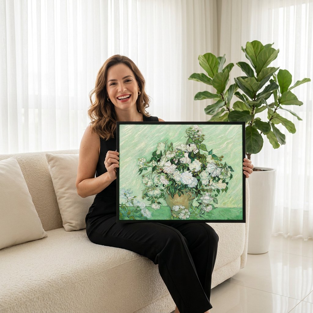 Quadro Decorativo Rosas Brancas - Van Gogh | modelo apresentando o quadro emoldurado