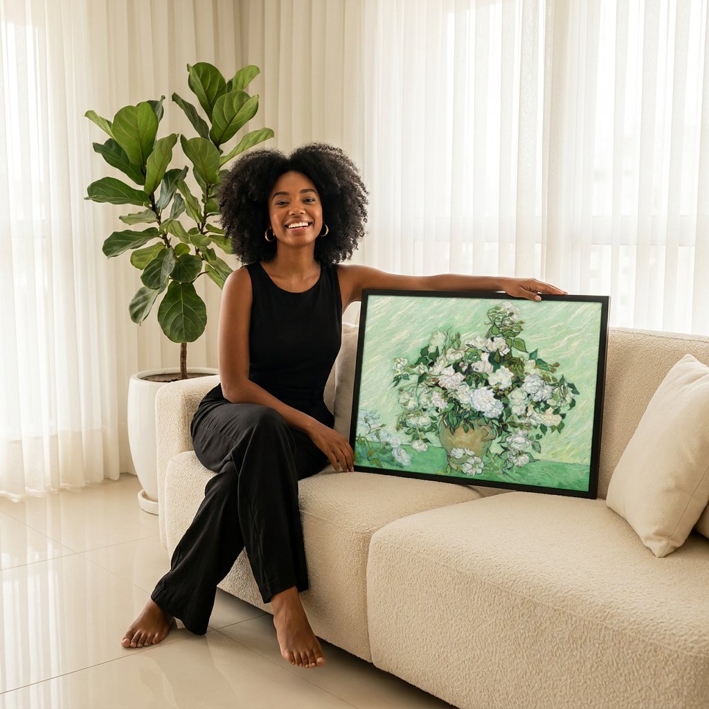 Quadro Decorativo Rosas Brancas - Van Gogh | modelo apresentando o quadro emoldurado