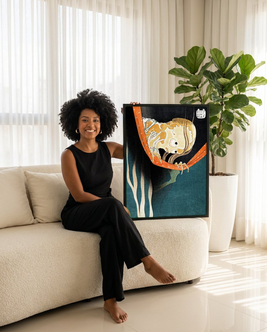 Quadro Decorativo O Fantasma Esqueleto - Hokusai | modelo apresentando o quadro emoldurado
