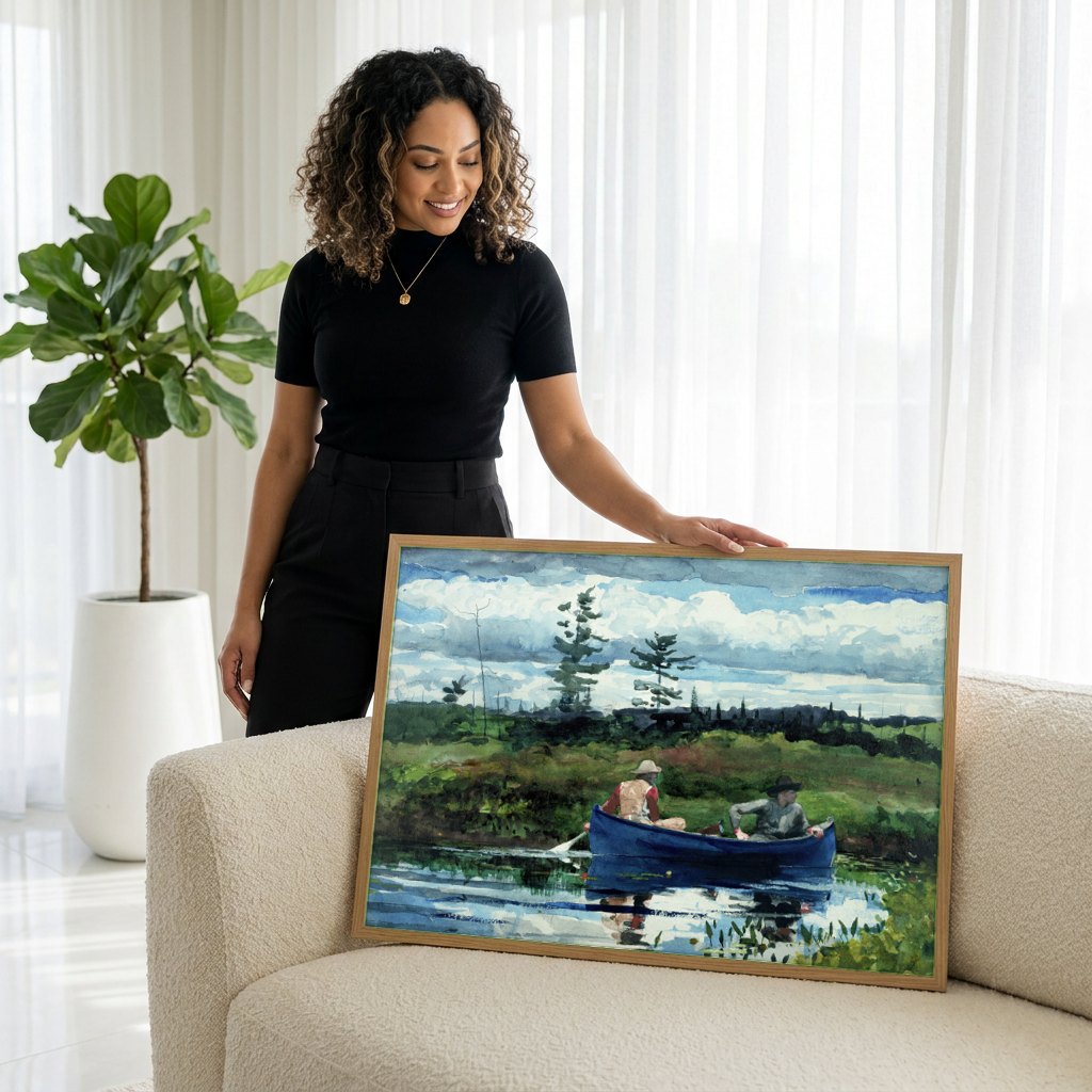 Quadro Decorativo A Canoa Azul - Winslow Homer | modelo apresentando o quadro emoldurado