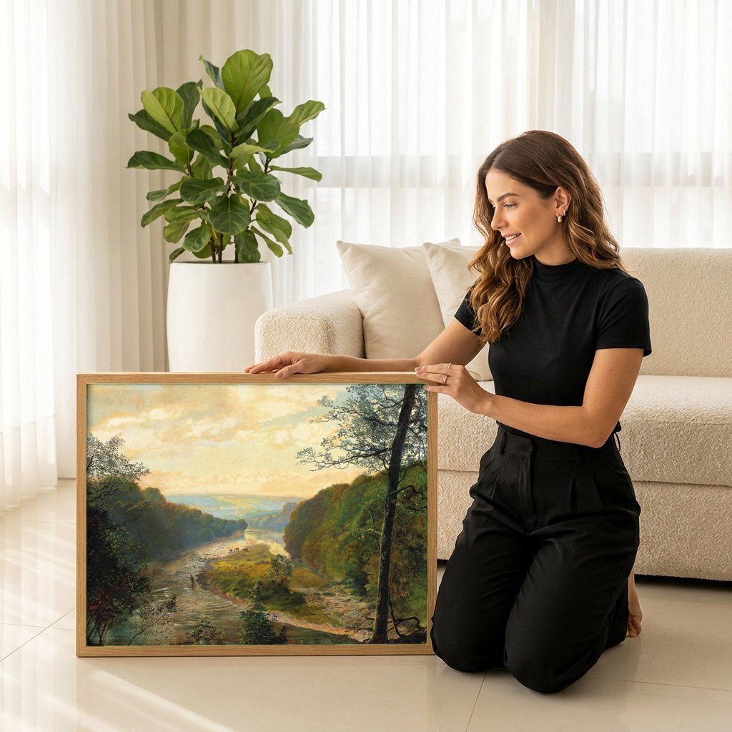 Quadro Decorativo Rio na Floresta - Grimshaw | modelo apresentando o quadro emoldurado
