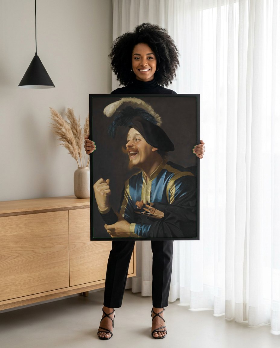 Quadro Decorativo 'O Violinista Risonho' - Honthorst | modelo apresentando o quadro emoldurado