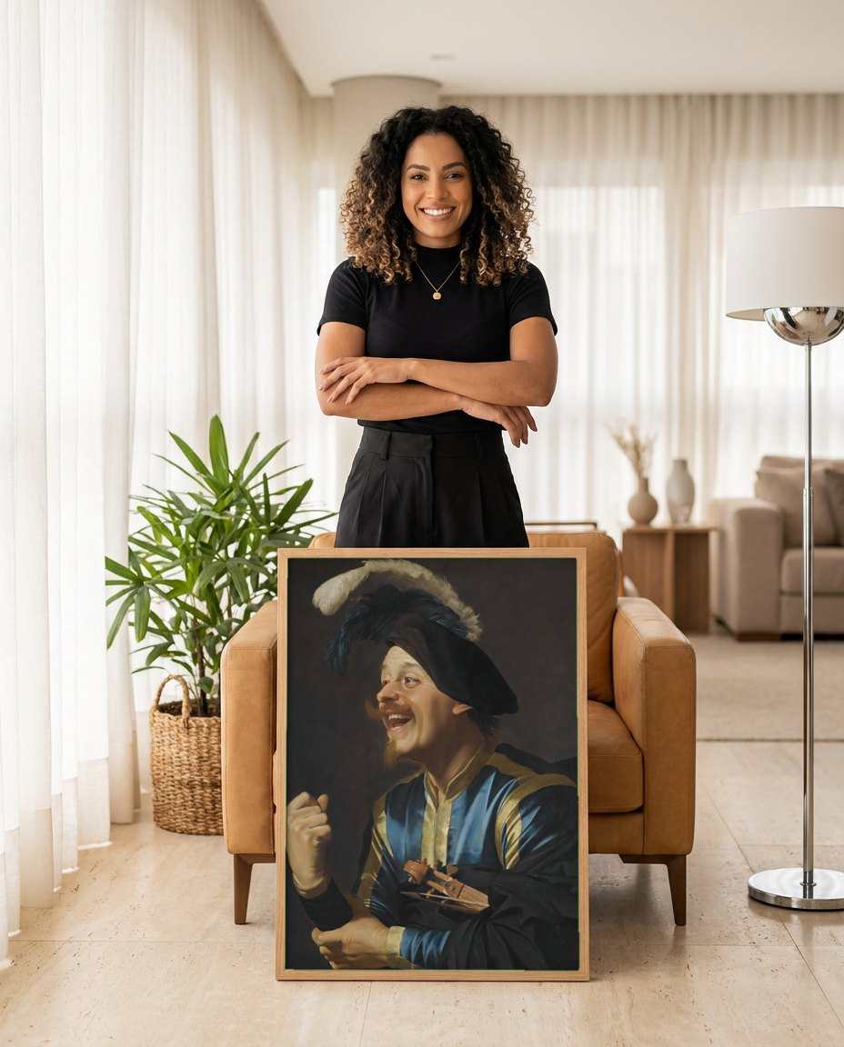 Quadro Decorativo 'O Violinista Risonho' - Honthorst | modelo apresentando o quadro emoldurado
