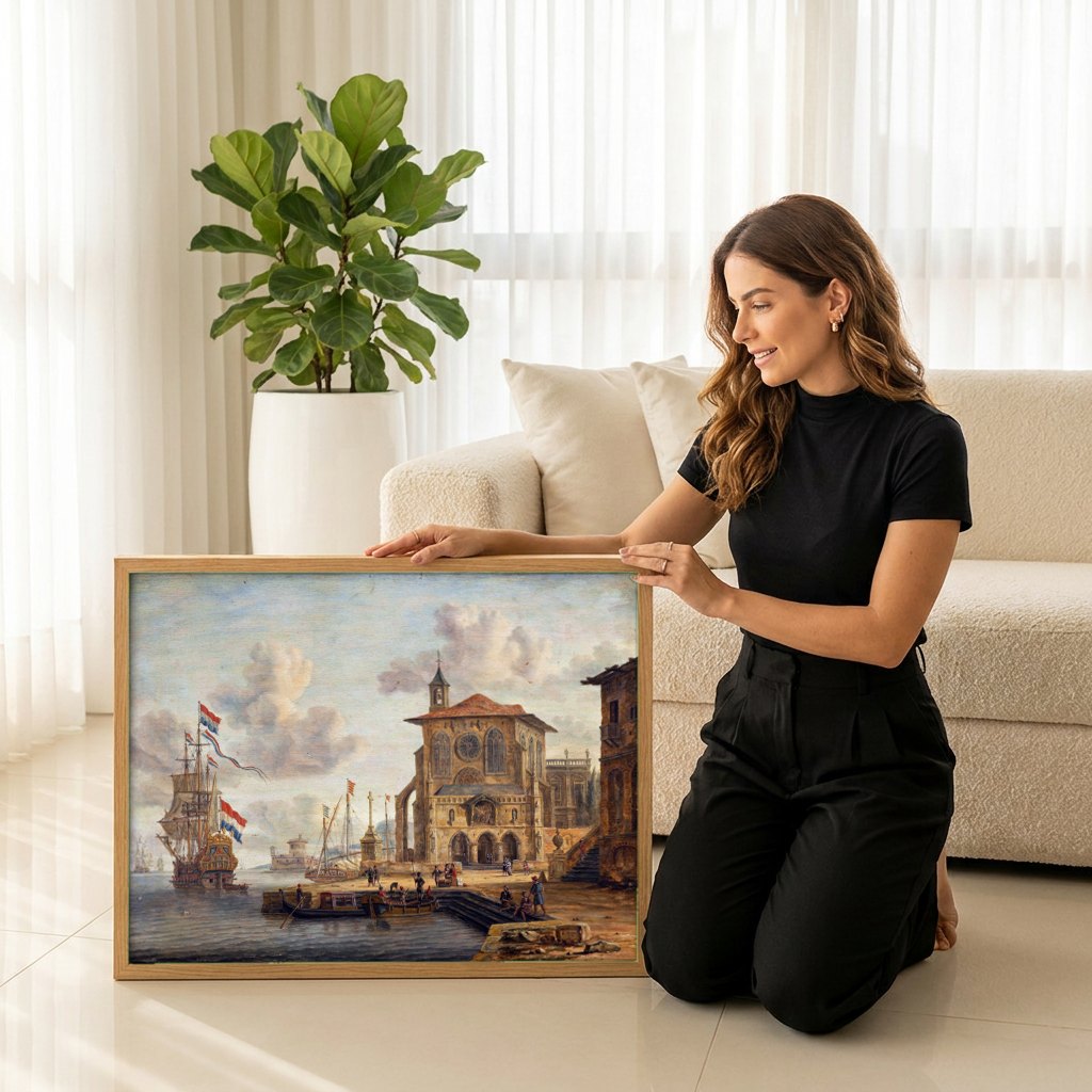 Quadro Decorativo Porto com Navios - Abraham Storck | modelo apresentando o quadro emoldurado