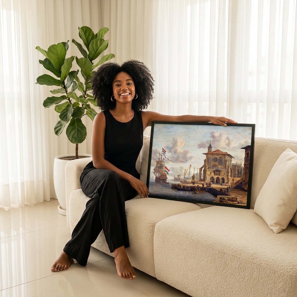 Quadro Decorativo Porto com Navios - Abraham Storck | modelo apresentando o quadro emoldurado