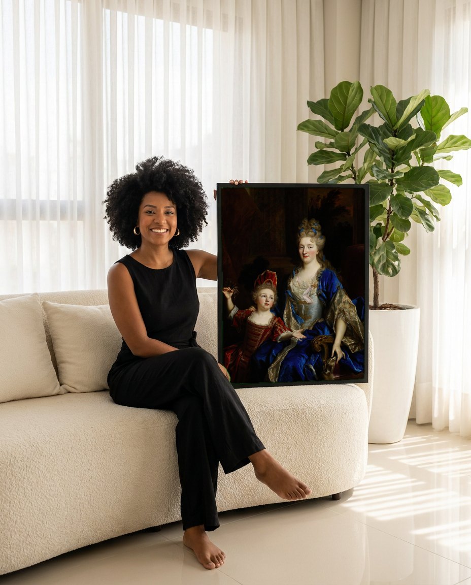 Quadro Decorativo Retrato de Dama e Filho - Largillière | modelo apresentando o quadro emoldurado