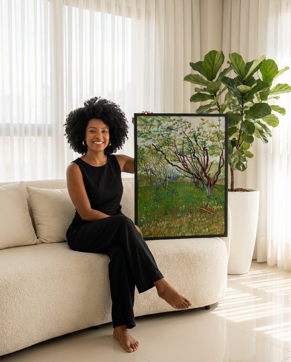 Quadro Decorativo Pomar em Flor - Van Gogh | modelo apresentando o quadro emoldurado