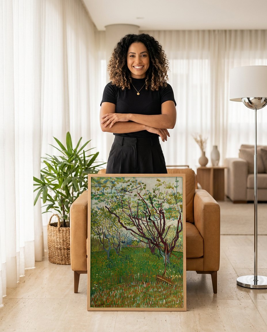 Quadro Decorativo Pomar em Flor - Van Gogh | modelo apresentando o quadro emoldurado