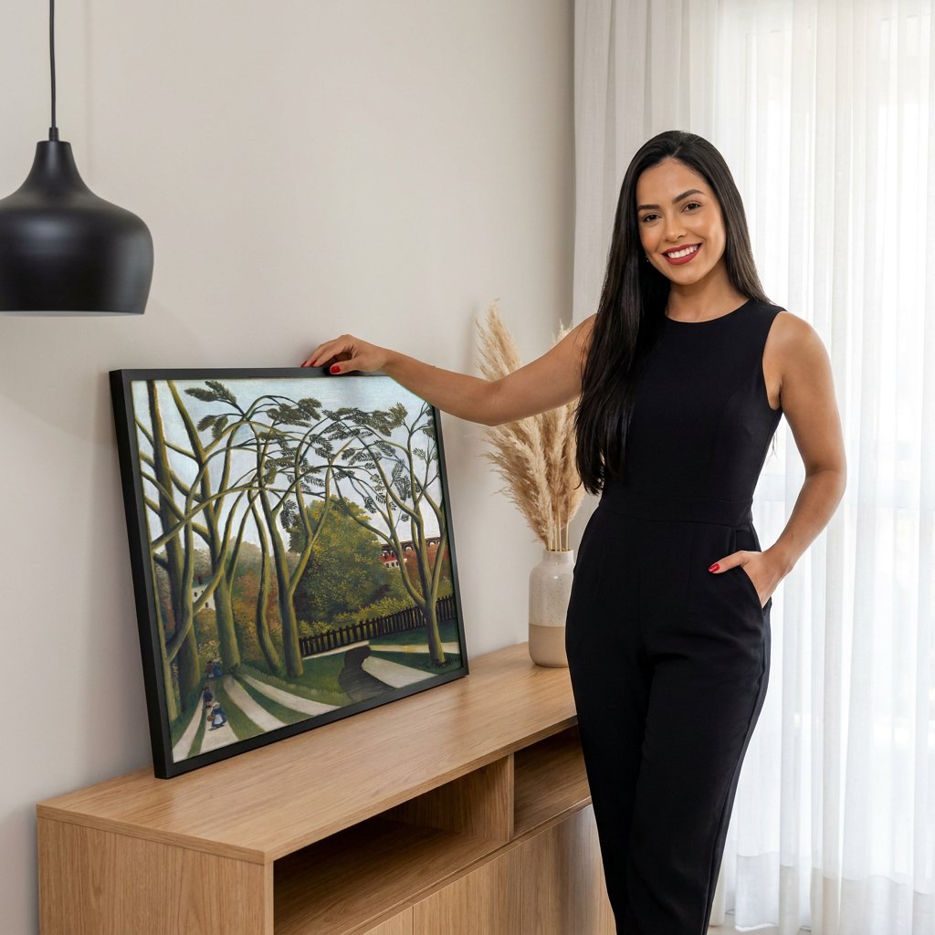 Quadro Decorativo A Alameda de Arvores - Henri Rousseau | modelo apresentando o quadro emoldurado
