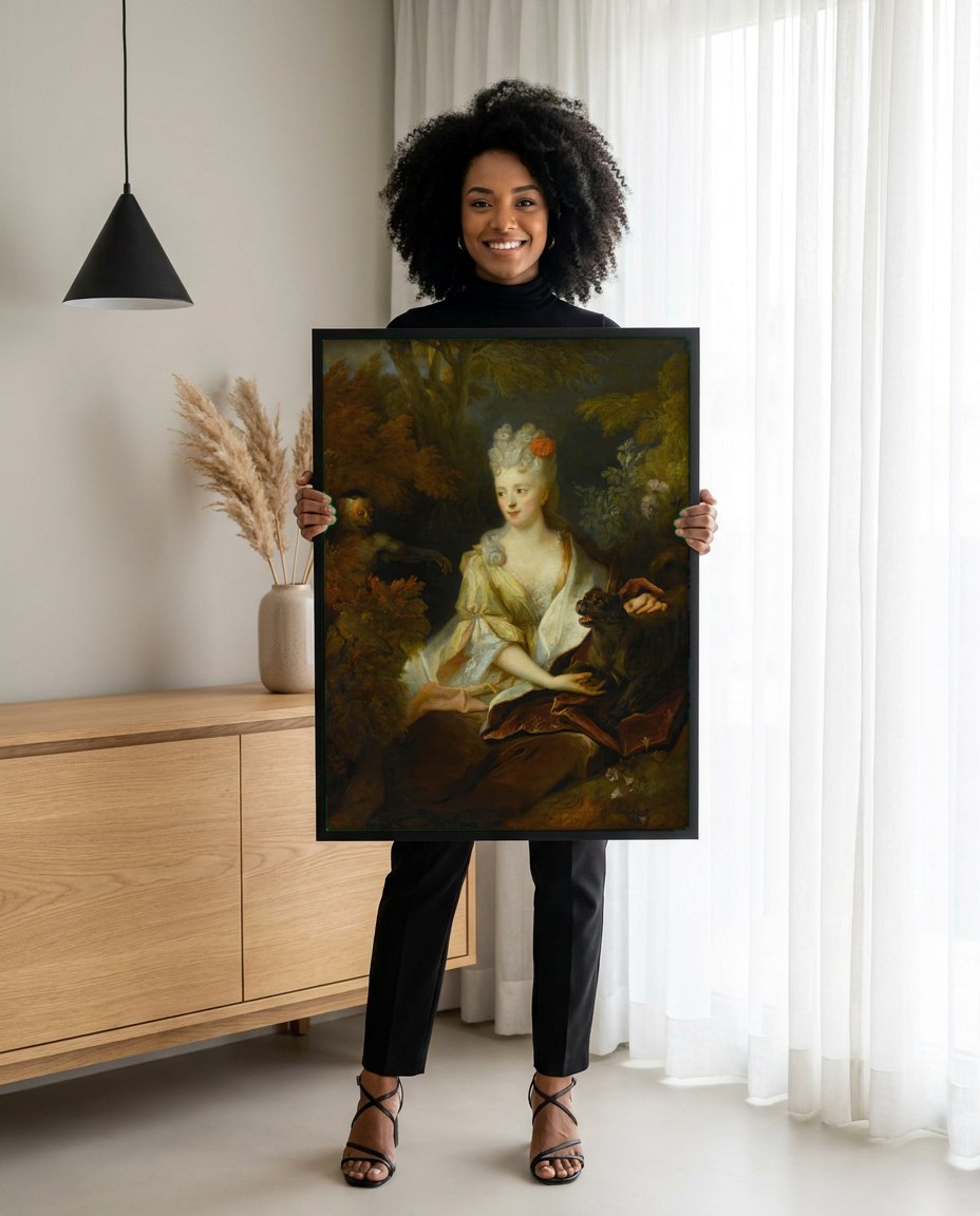 Quadro Decorativo Dama com Macaco e Cachorro - Largillière | modelo apresentando o quadro emoldurado