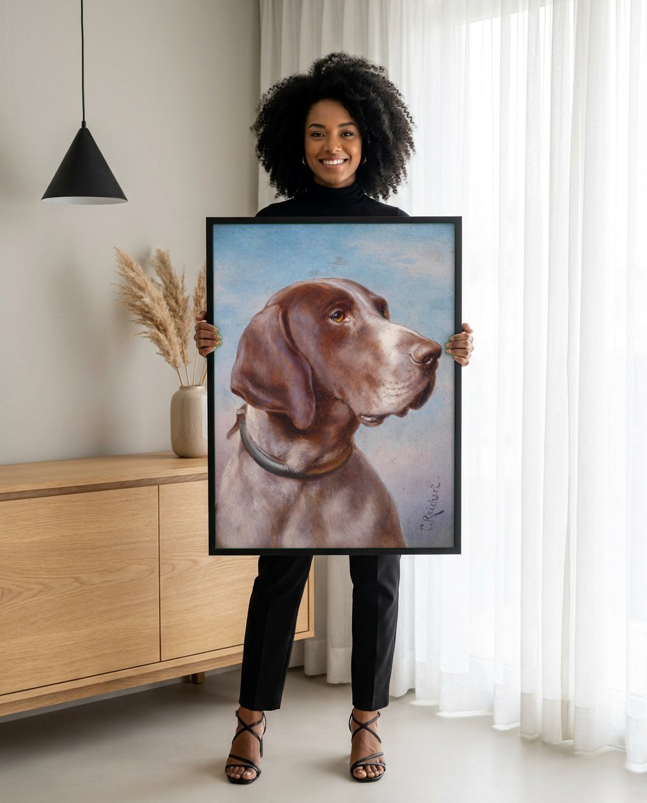 Quadro Decorativo Cão de Caça - Carl Reichert | modelo apresentando o quadro emoldurado