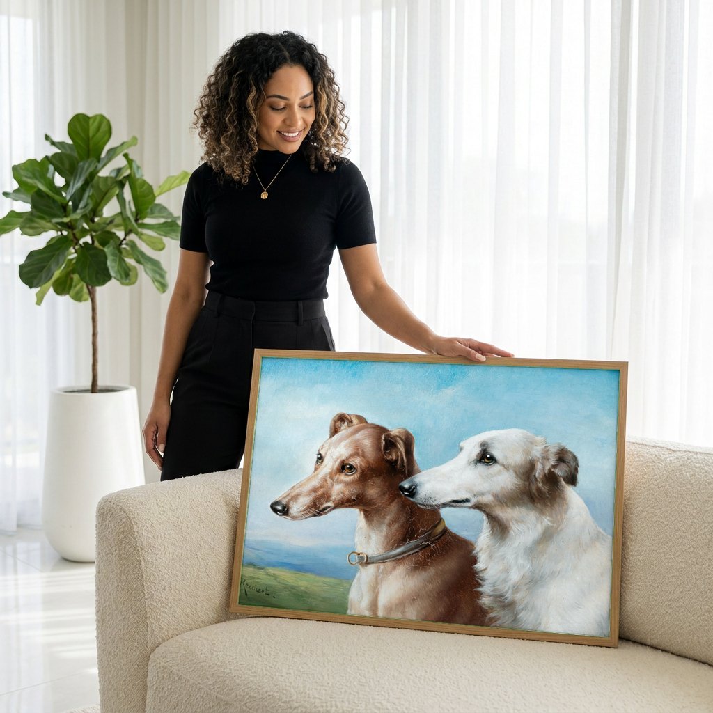 Quadro Decorativo Cães Galgos - Carl Reichert | modelo apresentando o quadro emoldurado