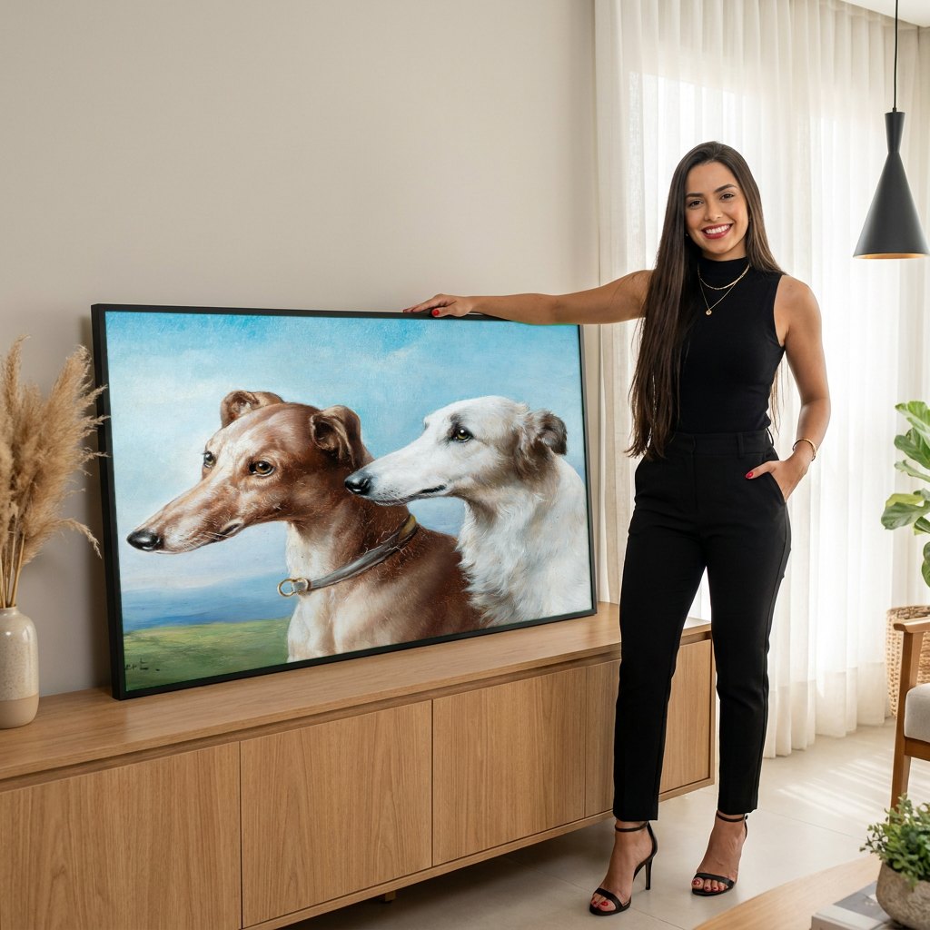 Quadro Decorativo Cães Galgos - Carl Reichert | modelo apresentando o quadro emoldurado